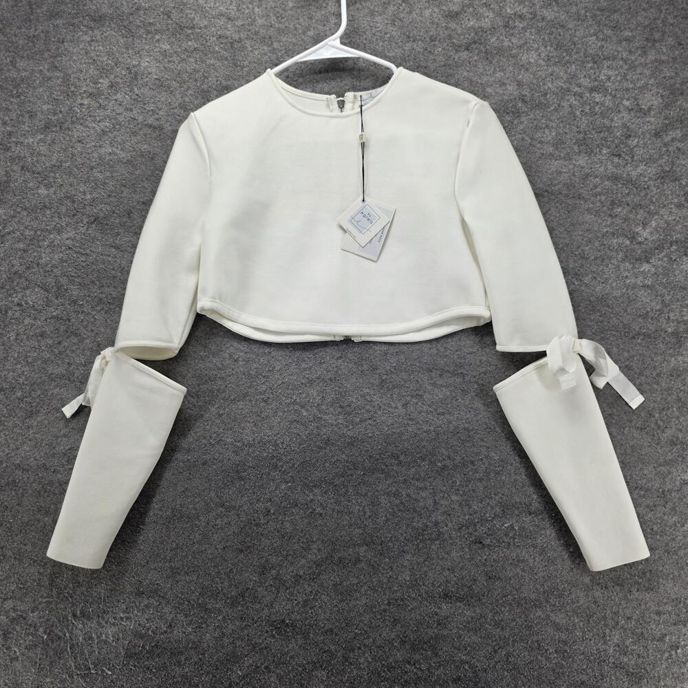 By Egreis Shirt Womens Small White Cropped Long Sleeve Zip Back Bow Cuff Stretch